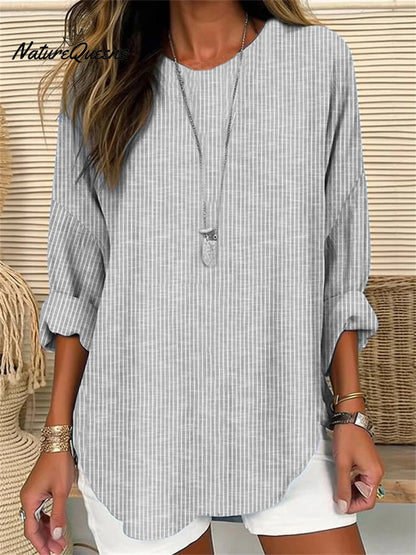 Retro Striped Design Loose Long-Sleeve Crew Neck Top