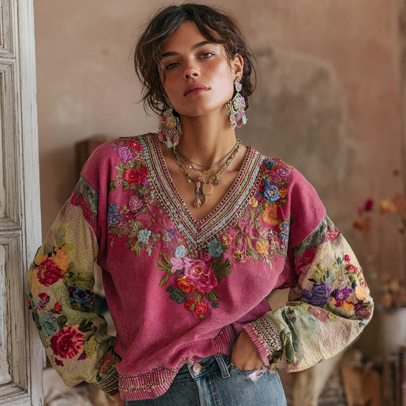 Bohemian Floral Embroidery Art Contrast Color V-Neck Casual Sweatshirt