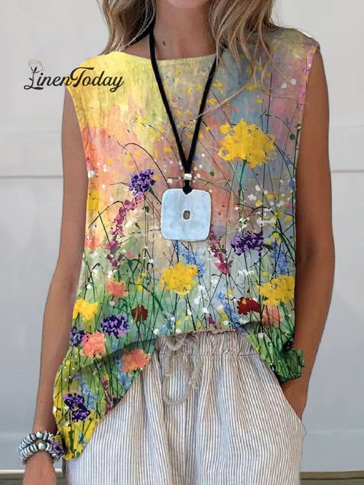 Retro Elegant Floral Art Print Casual Cotton and Linen Tank Top