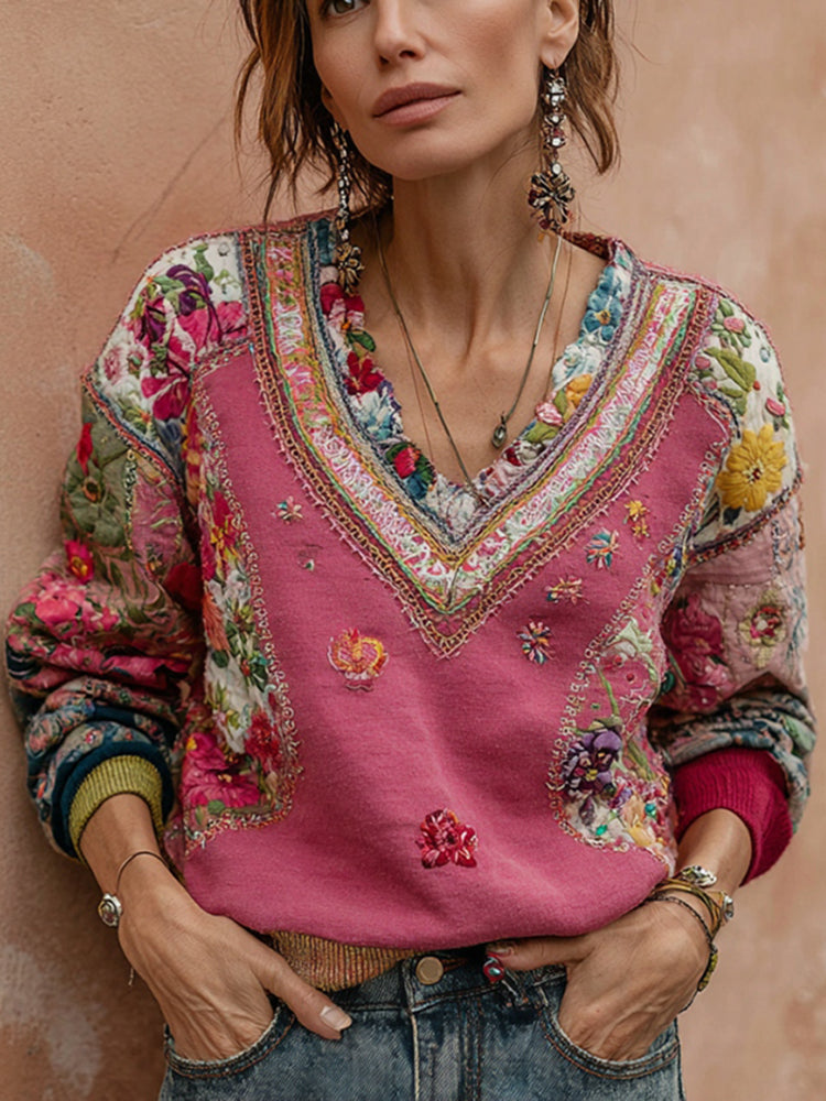 Bohemian Flower Embroidery Art V-Neck Casual Sweatshirt