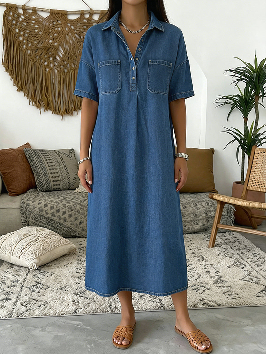 Casual Short-Sleeved Polo Collar Denim Dress