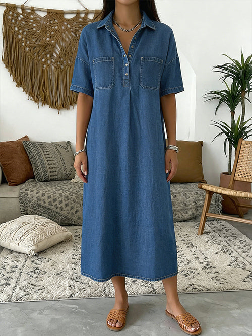 Casual Short-Sleeved Polo Collar Denim Dress