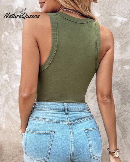 Round Neck Ribbed Tank Top with Bra Pads