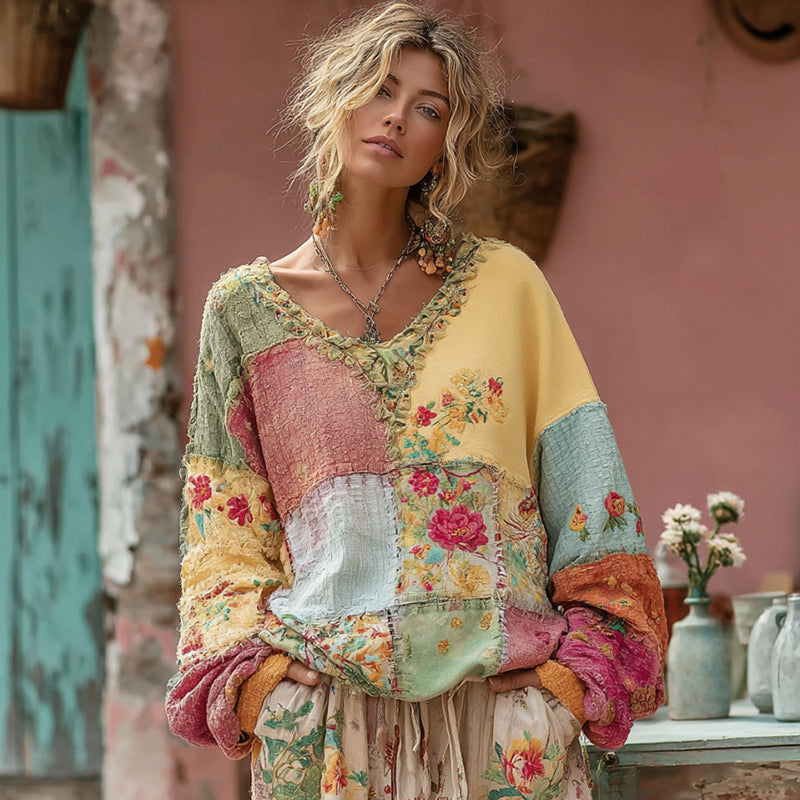 Flower Embroidery Macaroon Color Patchwork Art V-Neck Casual Sweatshirt