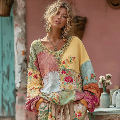 Flower Embroidery Macaroon Color Patchwork Art V-Neck Casual Sweatshirt