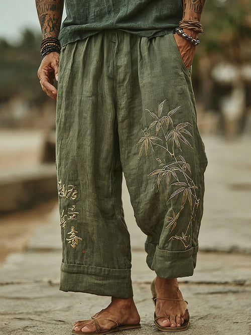 Men's Japanese Bamboo Art Wide-Leg Linen Pants