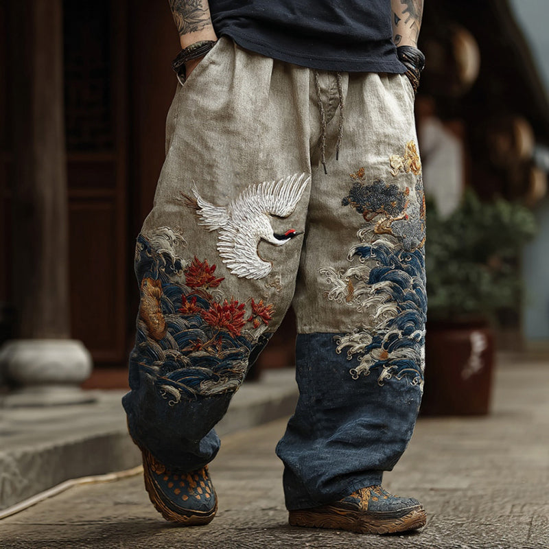Men's Retro Japanese Style Flying Crane and Wave Pattern Printed Linen Casual Pants