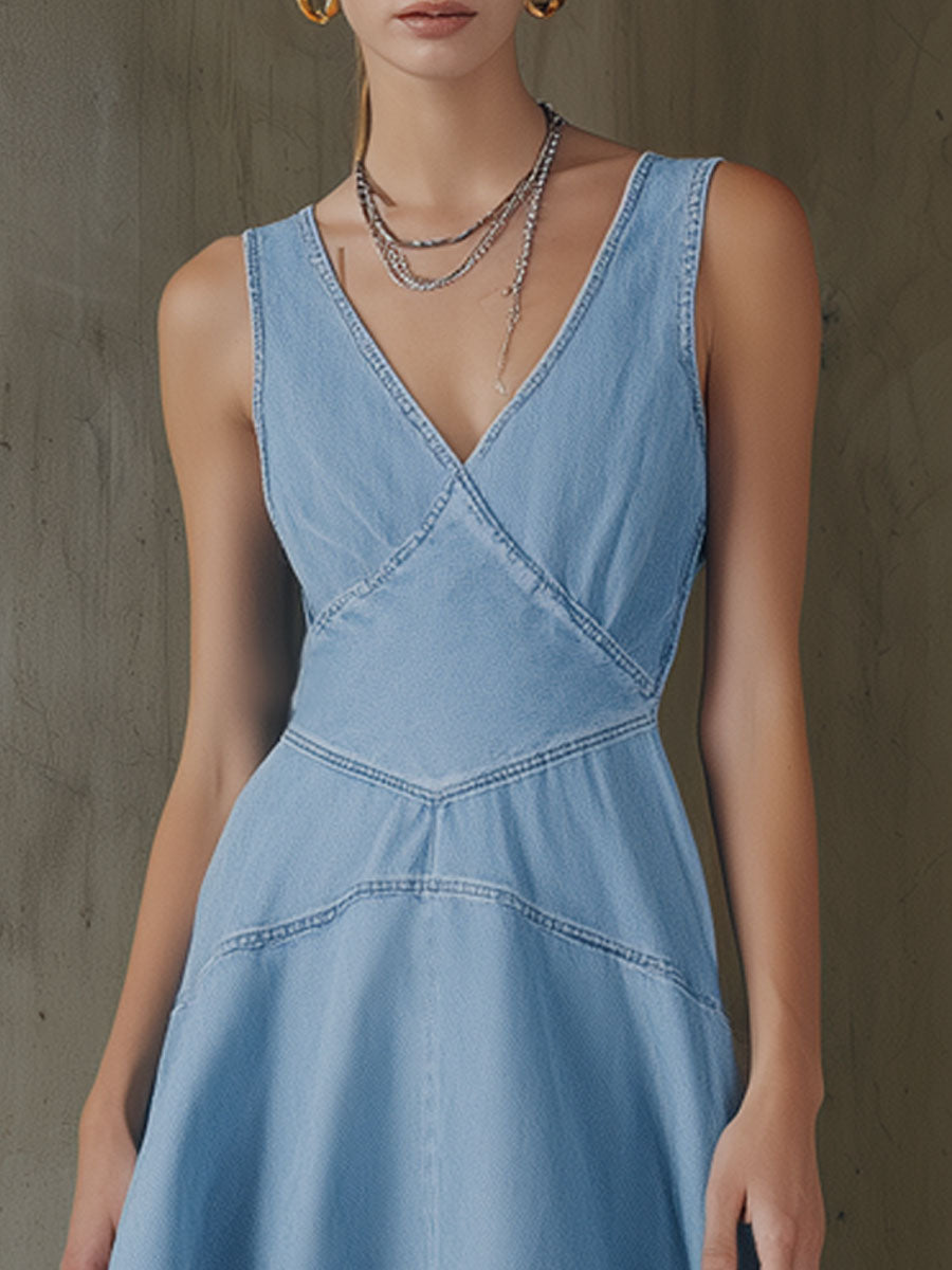 Fashionable Retro Light Blue Denim V-Neck Sleeveless Irregular A-Line Midi Dress