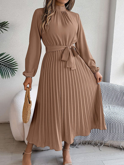 Stand-Up Collar Long-Sleeved Lace Up Pleated Dress