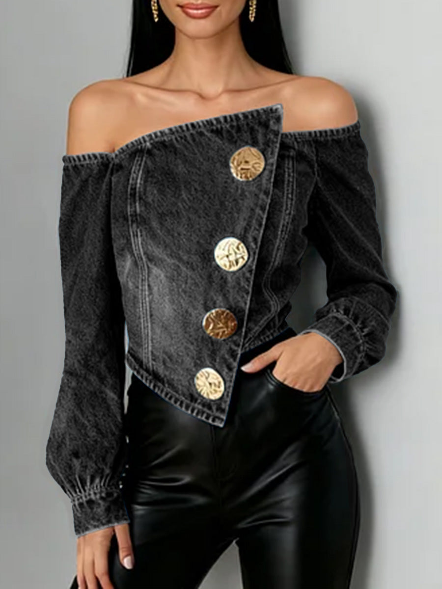Off-The-Shoulder Long-Sleeved Loose-Fitting Denim Top