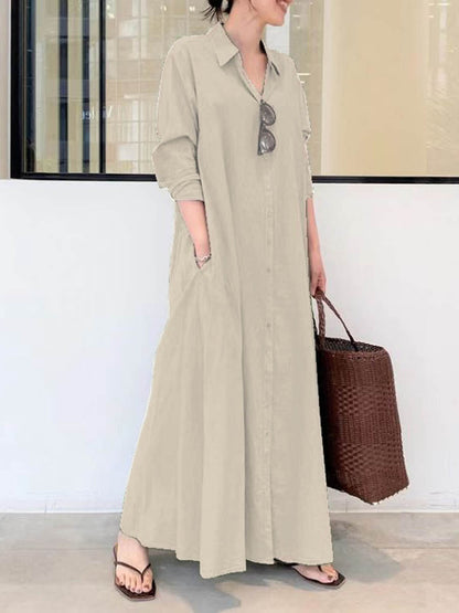 Solid Color Casual Loose Elegant V-Neck Cotton and Linen Pocket Shirt Dress