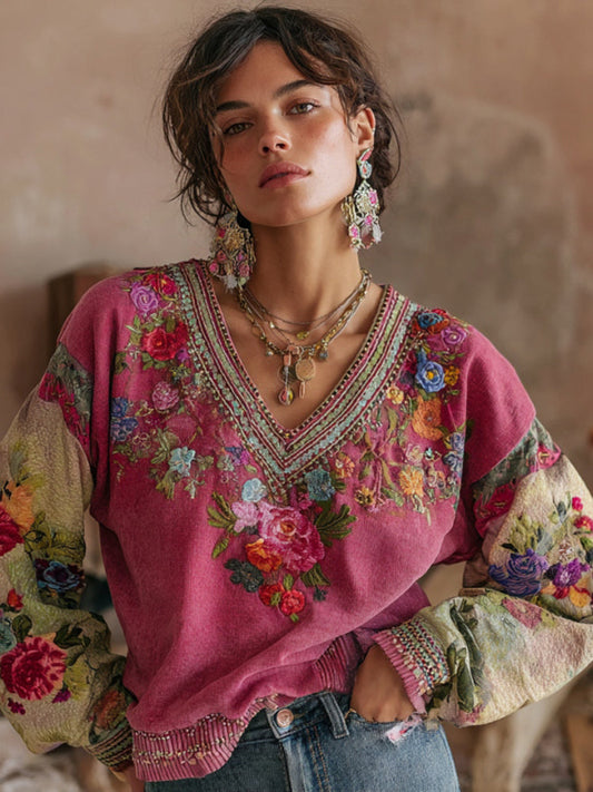 Bohemian Floral Embroidery Art Contrast Color V-Neck Casual Sweatshirt