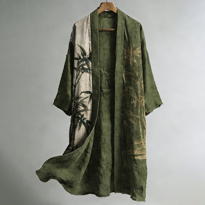 Men's Vintage Bamboo Japanese Art Print Linen Long Kimono