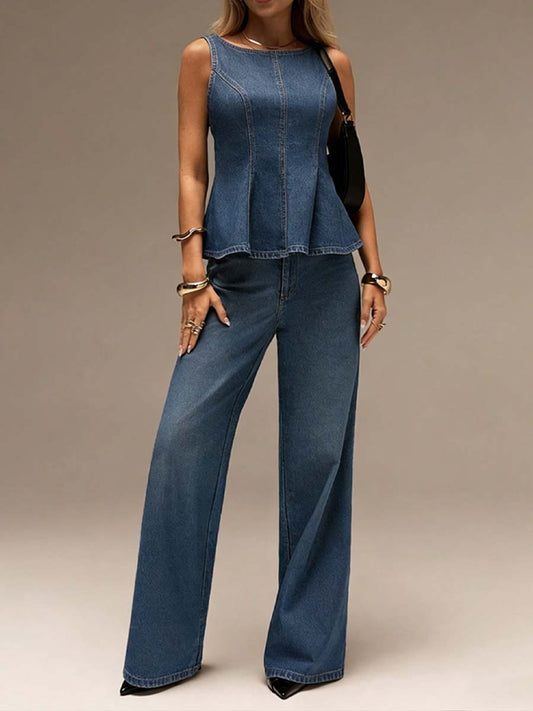 Sleeveless Ruffle Casual Denim Set