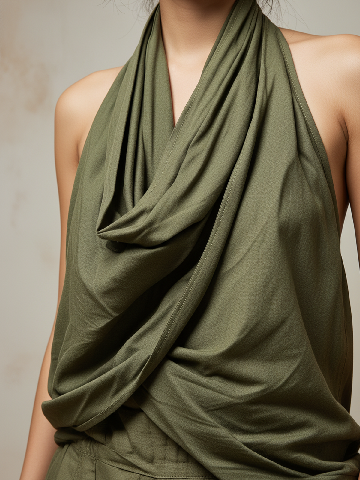Olive Green Halter Top and Barrel Pants Two-Piece Set
