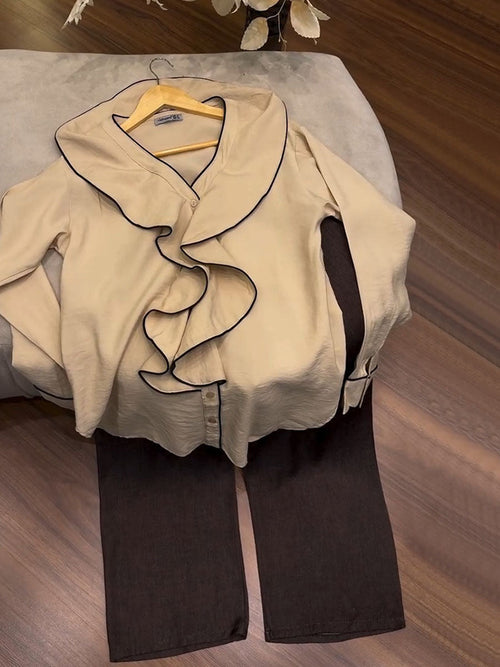 V-Neck Long-Sleeve Loose-Fit Top and Elastic-Waist Wide-Leg Pants Set