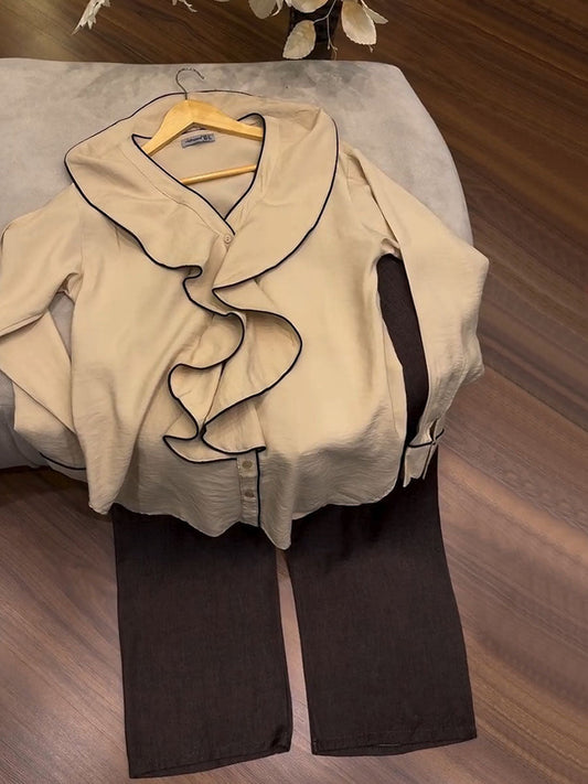 V-Neck Long-Sleeve Loose-Fit Top and Elastic-Waist Wide-Leg Pants Set