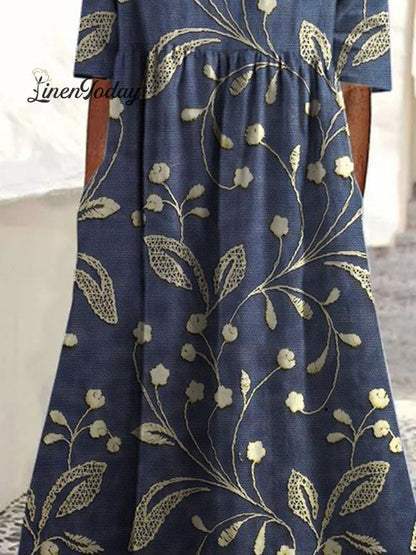 Vintage Floral Art Print Pocket Cotton Dress