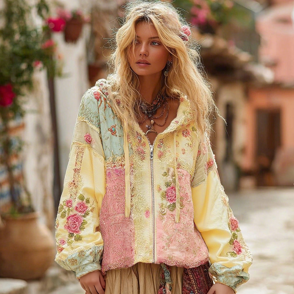 Floral Embroidery Colorblock Boho Casual Zip-Up Hoodie