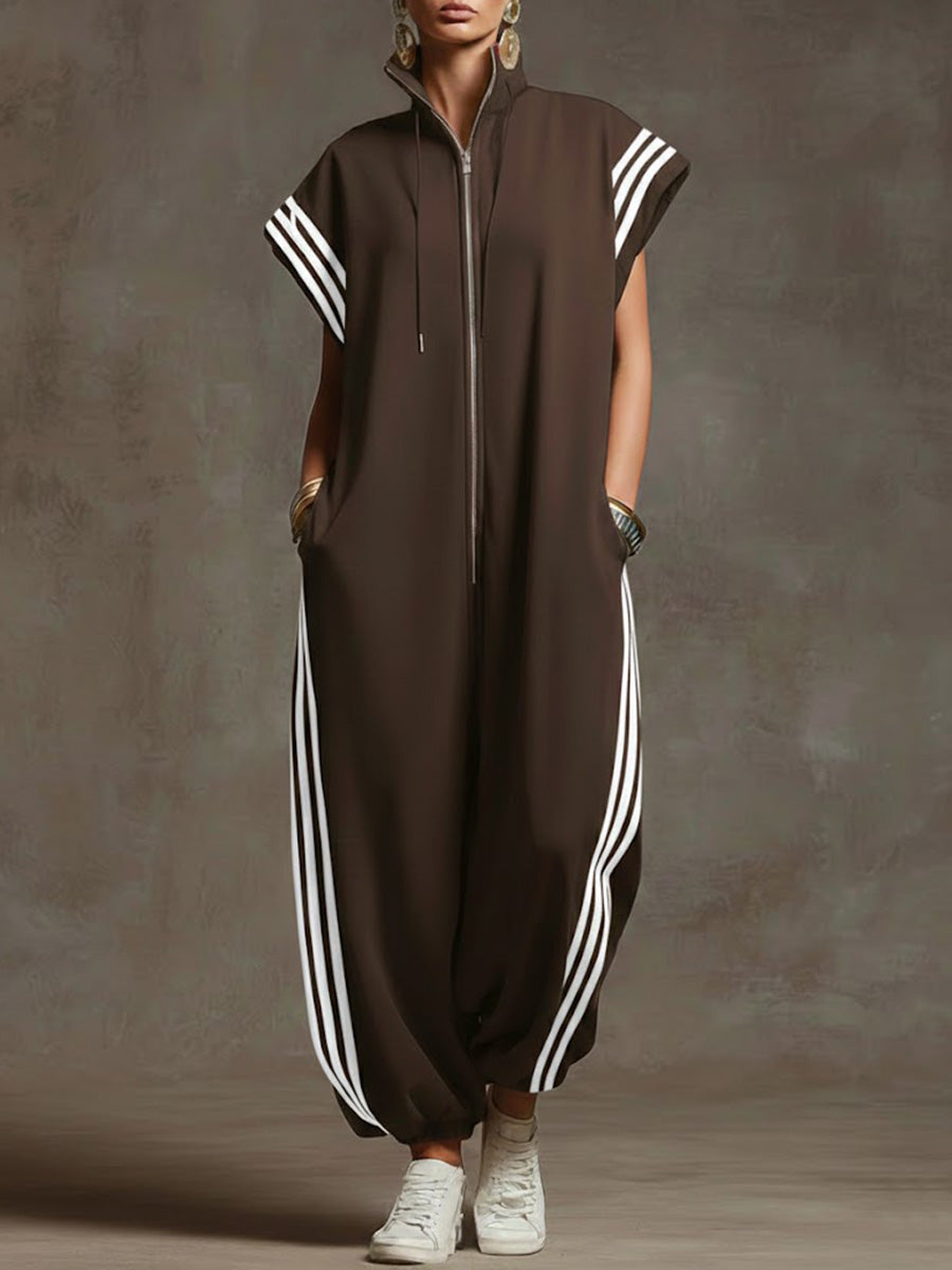 Relaxed Stand-Collar Short-Sleeved Casual Loose Cotton Wide-Leg Jumpsuit