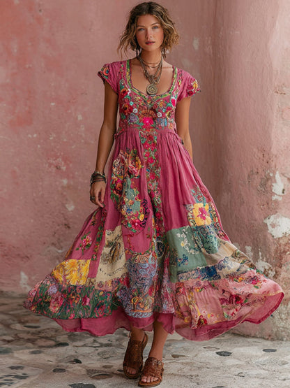 Bohemian Floral Embroidery Art Round Neck Short-Sleeve Midi Dress