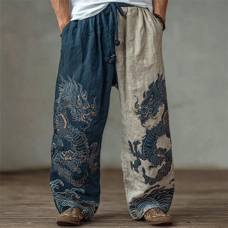 Men's Japanese Dragons Sea Waves Contrast Wide-Leg Linen Pants