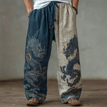 Men's Japanese Dragons Sea Waves Contrast Wide-Leg Linen Pants