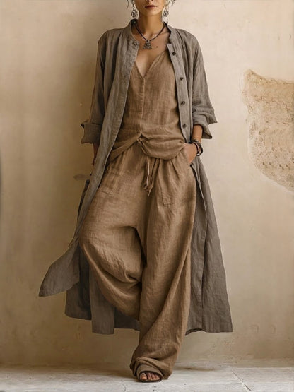 Casual Bohemian Linen and Cotton Long Cardigan and Sleeveless Top and Pants Three-Piece Set