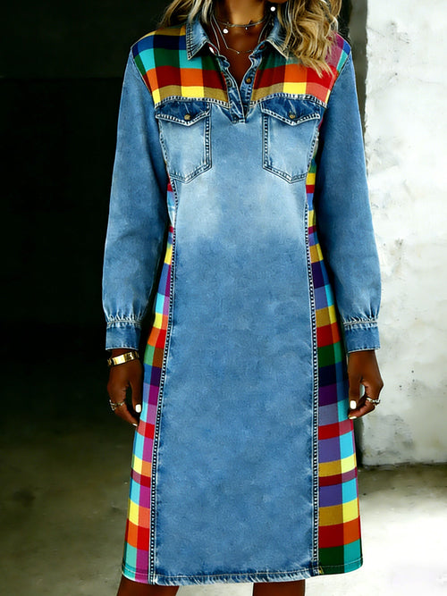 Casual Fashionable Denim Patchwork Contrast Colors Dress