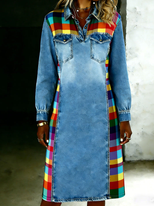 Casual Fashionable Denim Patchwork Contrast Colors Dress