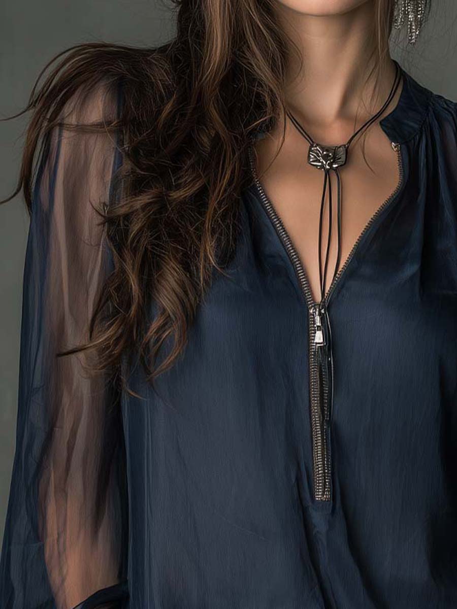 Sheer Chiffon Zip-Front Blouse