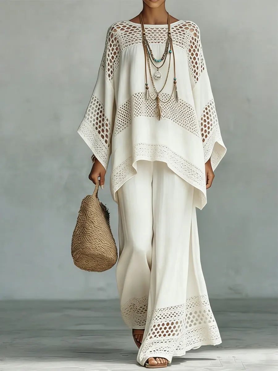Vintage Ethnic Art Comfortable Loose Cotton Linen Wide-Leg Pants Two-Piece Set