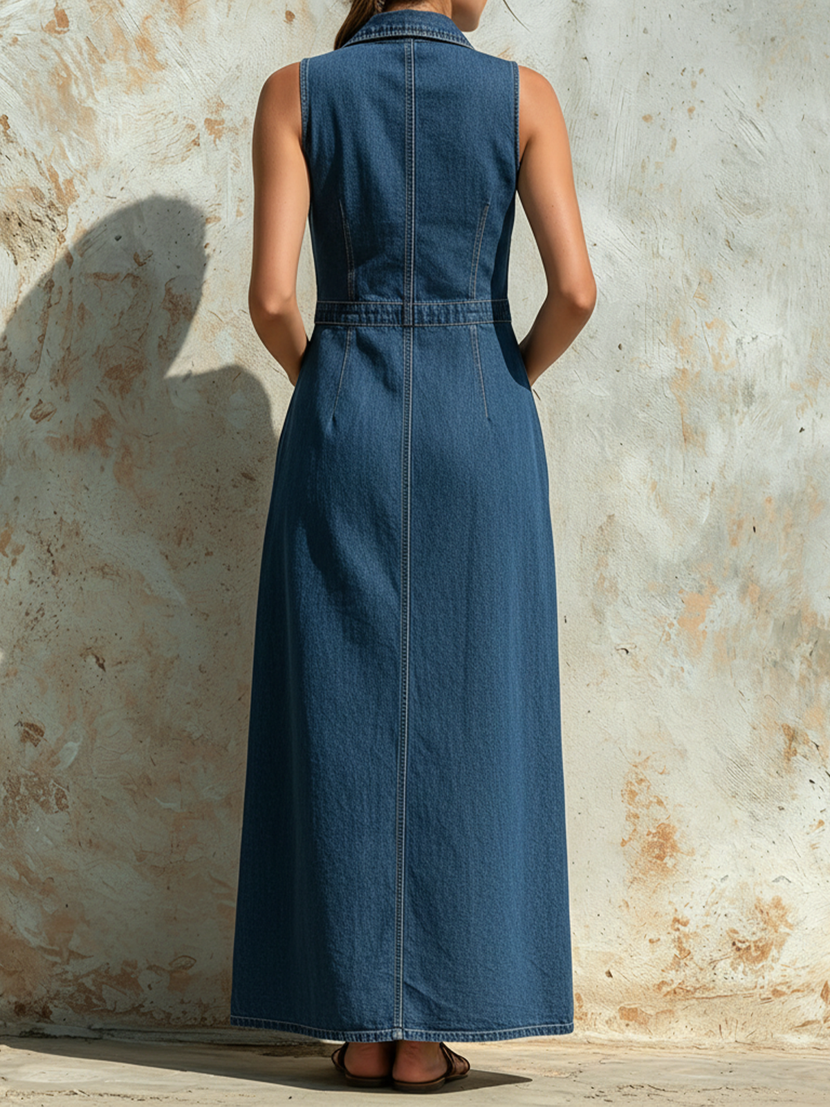 Sleeveless Button-Front Denim Maxi Dress with Collared Neck