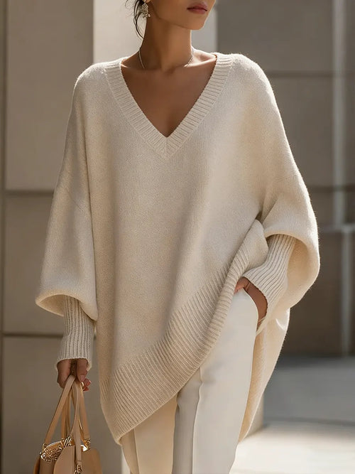 Solid Color V-Neck Long-Sleeved Casual Loose-Fitting Knitted Pullover Sweater