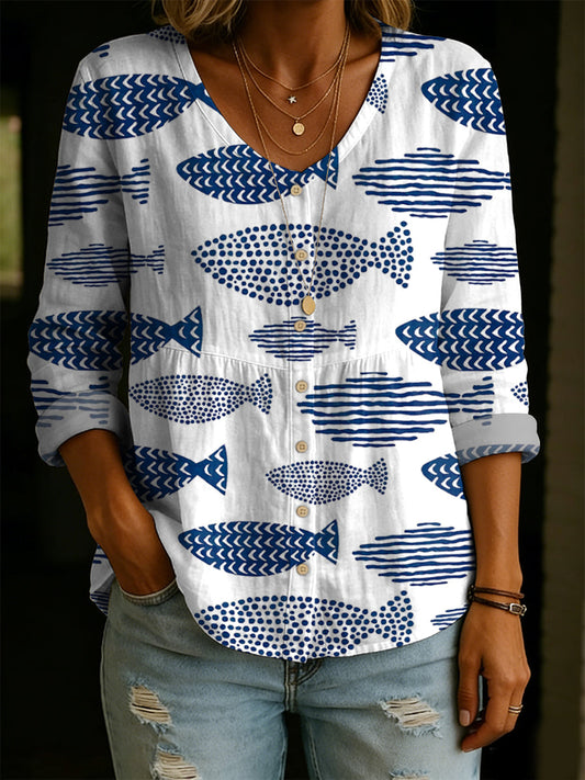 Fish Decorative Pattern Linen and Cotton Shirt