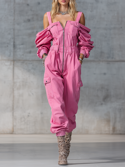 Stylish and Modern Long-Sleeved Strappy Tapered Legs Pink Denim Jumpsuit