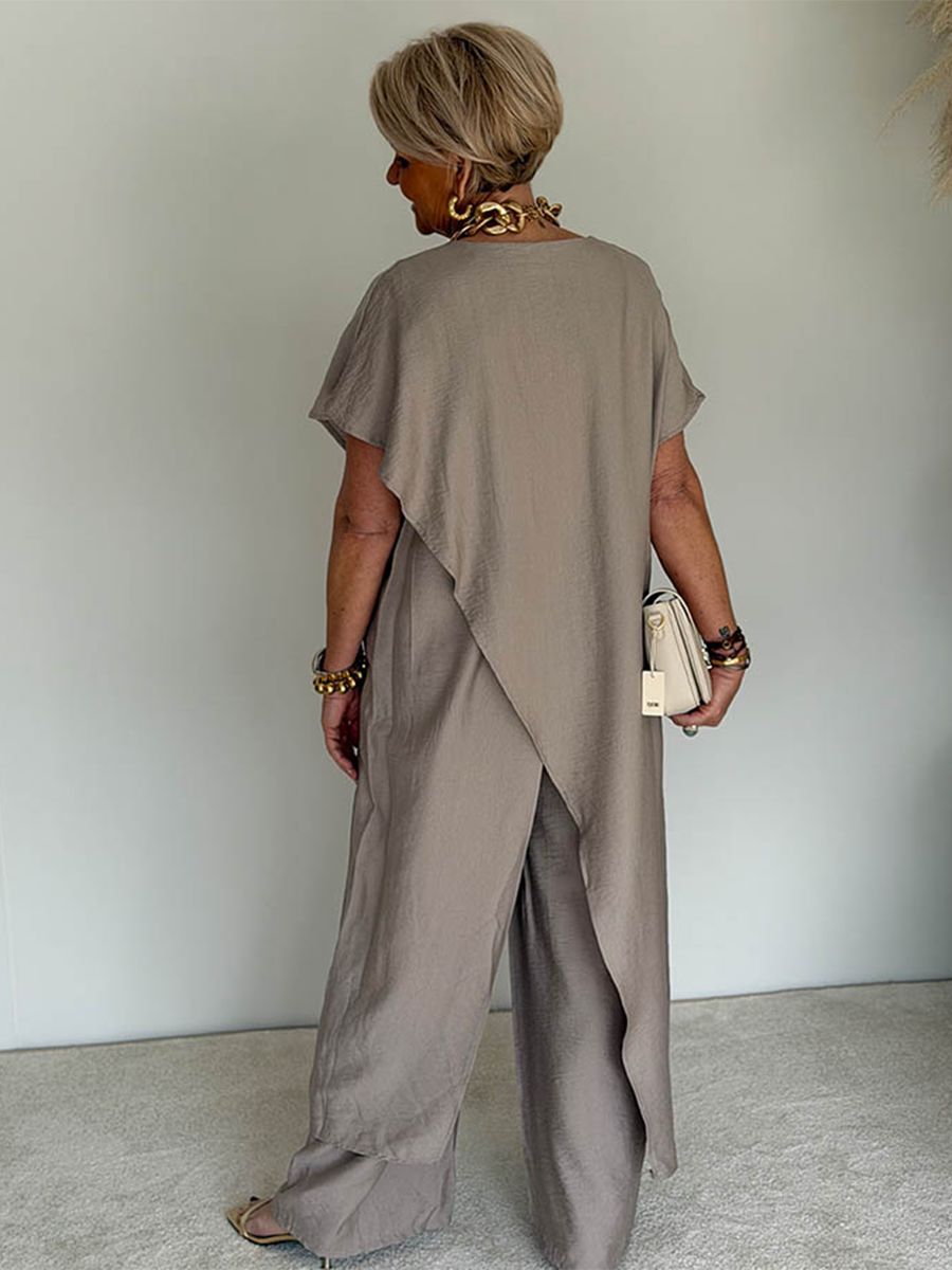 Cozy Loose Fit Asymmetrical Two-Piece Set with Casual Retro Cotton Blend Outfit