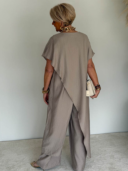 Cozy Loose Fit Asymmetrical Two-Piece Set with Casual Retro Cotton Blend Outfit