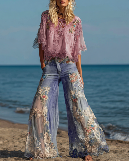 Summer Vacation Floral Embroidered Lace Pants and Top Two-Piece Set Ae54