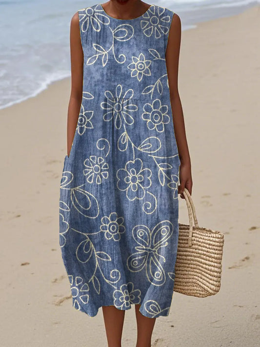 Vintage Floral Pattern Art Print Casual Cotton Dress