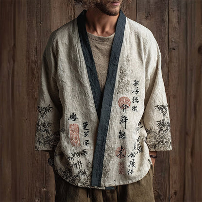 Men's Vintage Japanese Bamboo Calligraphic Pattern Linen Kimono