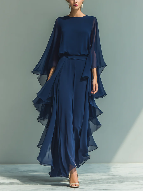 Elegant and Flowy Ruffled Shirt and Wide-Leg Pants Two-Piece Set