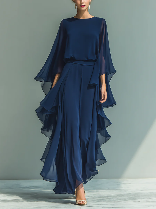 Elegant and Flowy Ruffled Shirt and Wide-Leg Pants Two-Piece Set