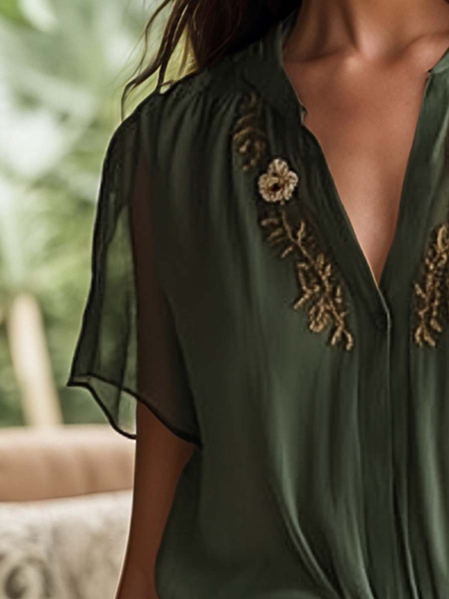 Vintage Embroidered Chiffon Short-Sleeve Shirt
