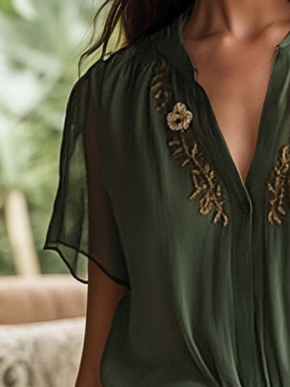 Vintage Embroidered Chiffon Short-Sleeve Shirt