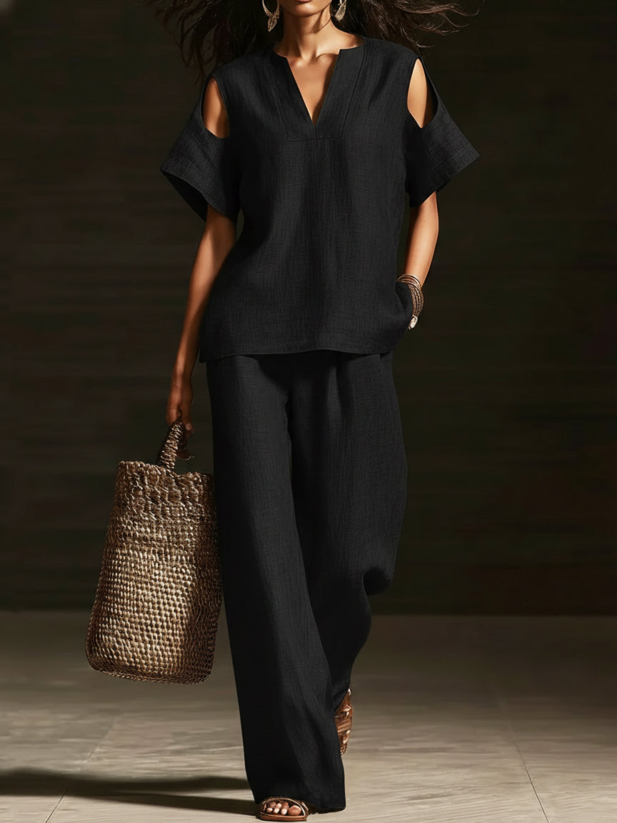 Elegant Off-the-Shoulder Top and Wide-Leg Pants Two-Piece Set