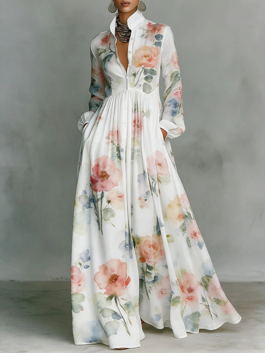 Vintage Floral Art Elegant Romantic Casual Vacation Maxi Dress