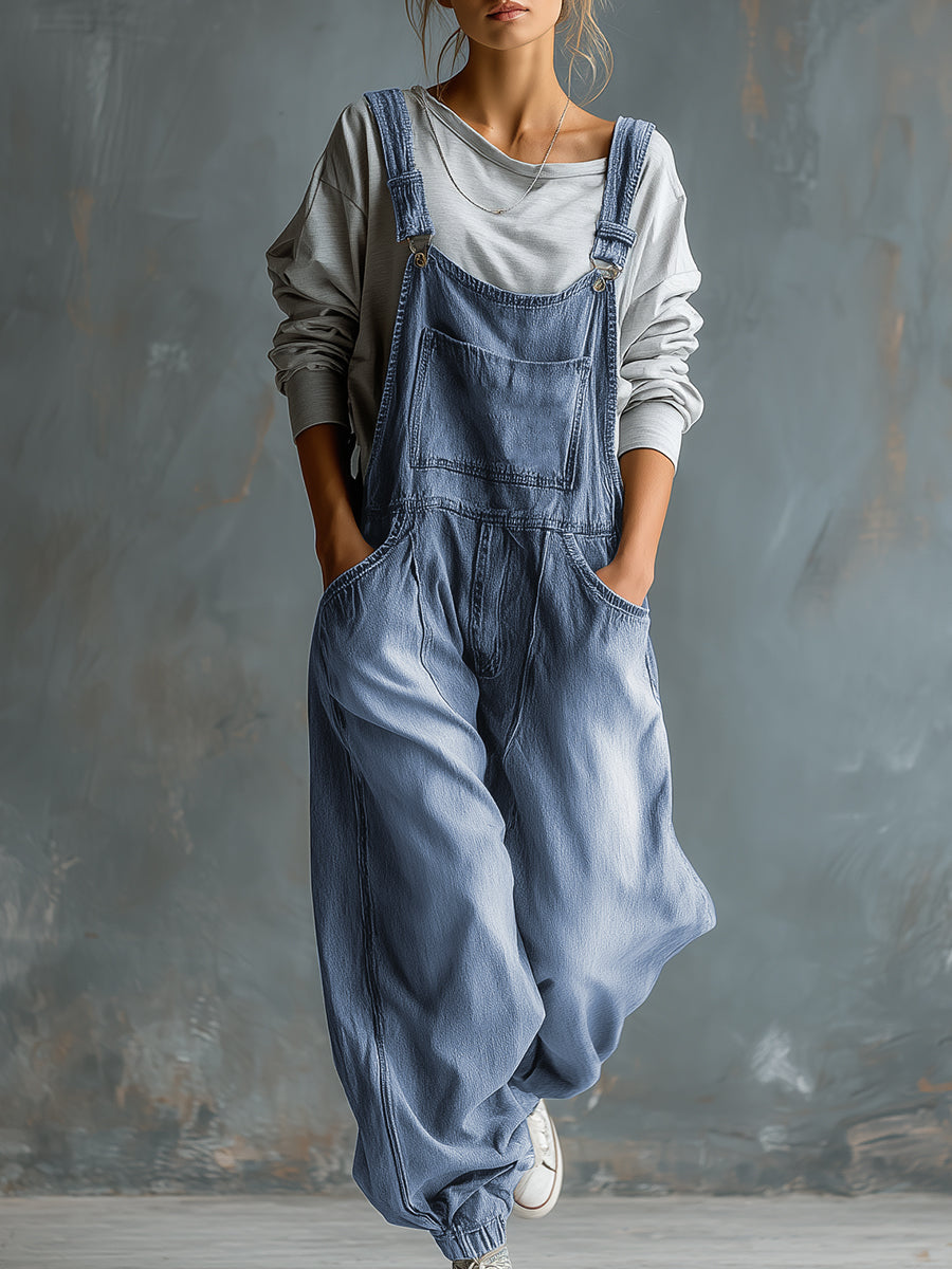 Casual Retro Washed Denim Blue Pocket Overalls