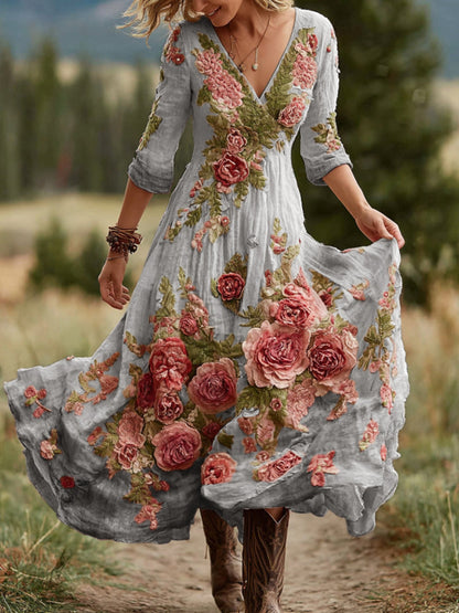 Vintage Rose Floral Art V-Neck Linen Blend Comfy Maxi Dress