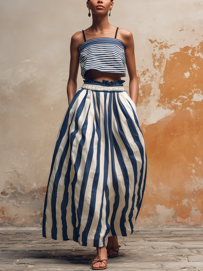 Striped Linen-Blend Two-Piece Set | Crop Top and Maxi Skirt with Pockets